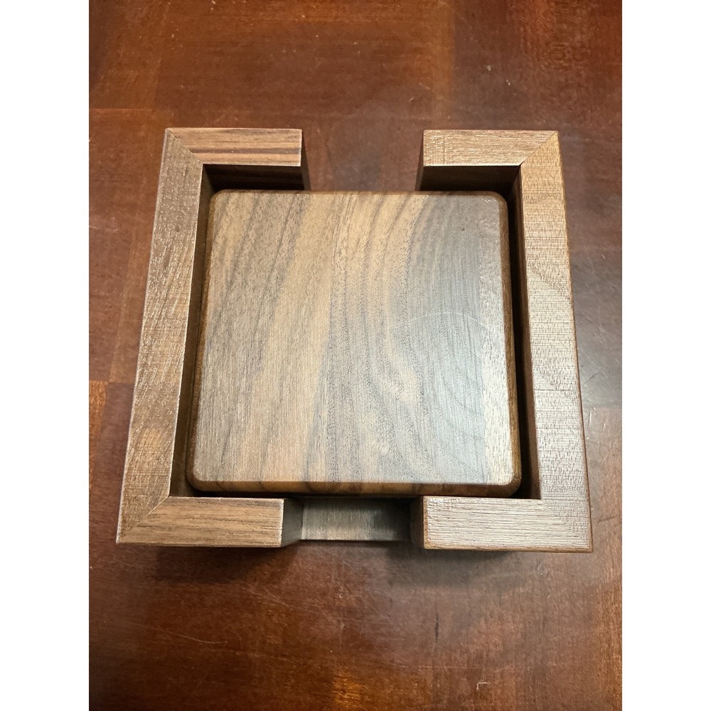 Virginia Boys Kitchens Walnut Wood Coaster Set with Holder Made in USA 4 Piece